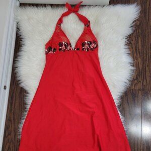 💕Mosaic Collection Red Halter Neck Swimsuit Swim Dress V-Neckline Padded S